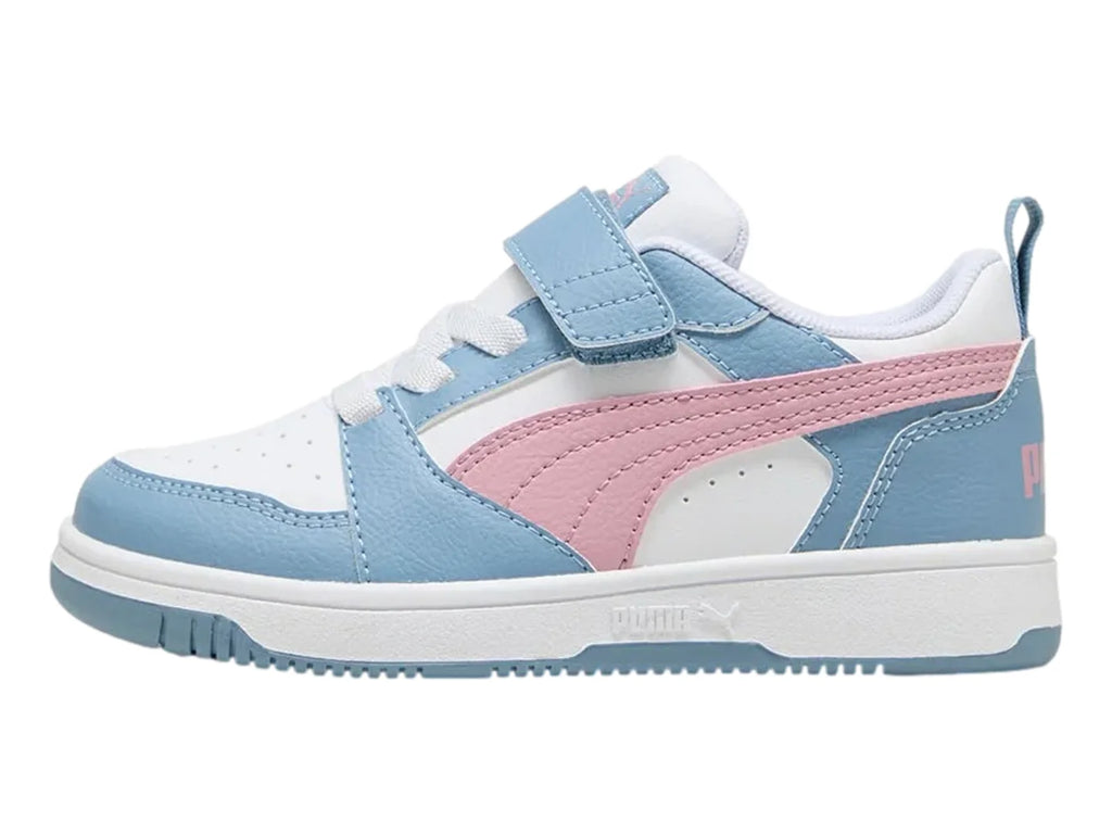 Tenis PUMA Rebound V6 Lo AC Blanco Rosa y Azul para Niña