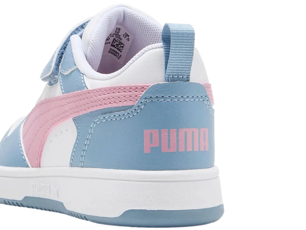 Tenis PUMA Rebound V6 Lo AC Blanco Rosa y Azul para Niña