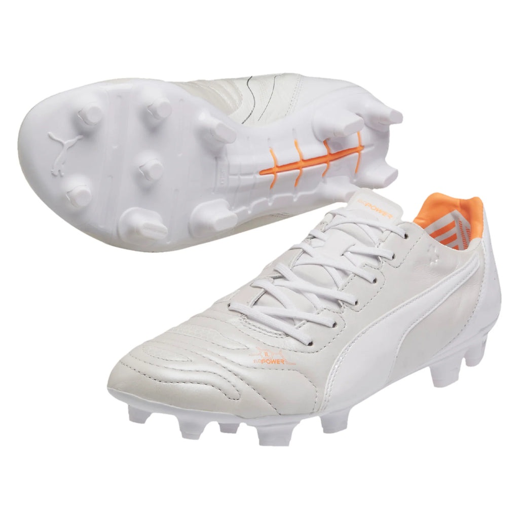 PUMA Evopower 12 Leather FG Firm Ground Soccer Cleats White Metallic White Fluo Orange