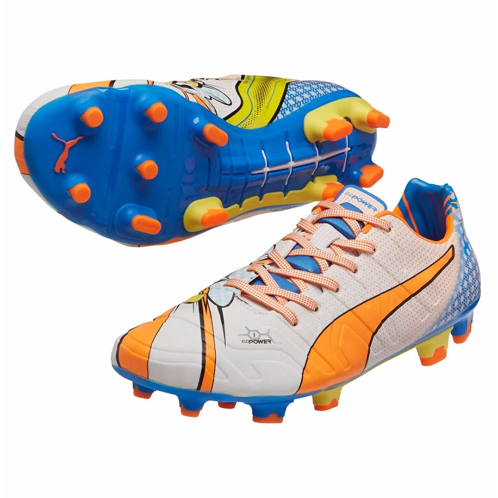 PUMA Evopower 12 FG Firm Ground Soccer Cleats White Orange Clownfish Electric Blue Lemonade