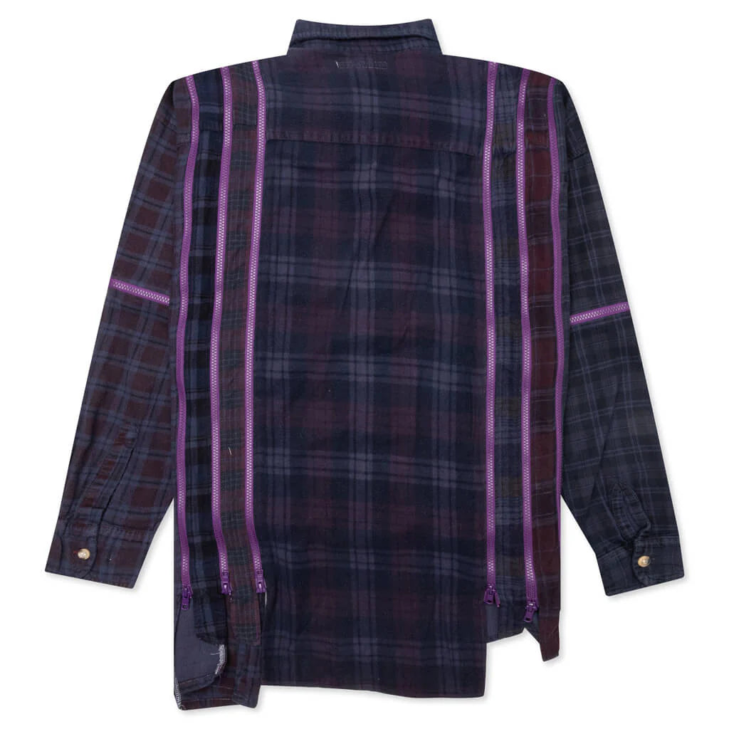 Flannel Shirt 7 Cuts Zipped Wide Shirt Over Dye Purple