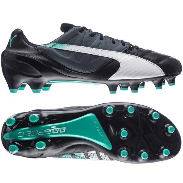 PUMA evoSPEED 13 Leather FG Firm Ground Soccer Cleats Black White Pool Green