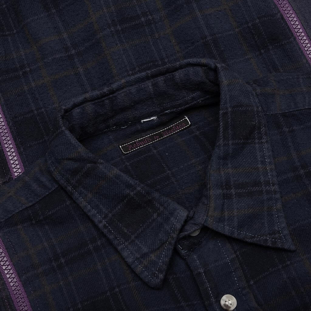 Flannel Shirt 7 Cuts Zipped Wide Shirt Over Dye Purple