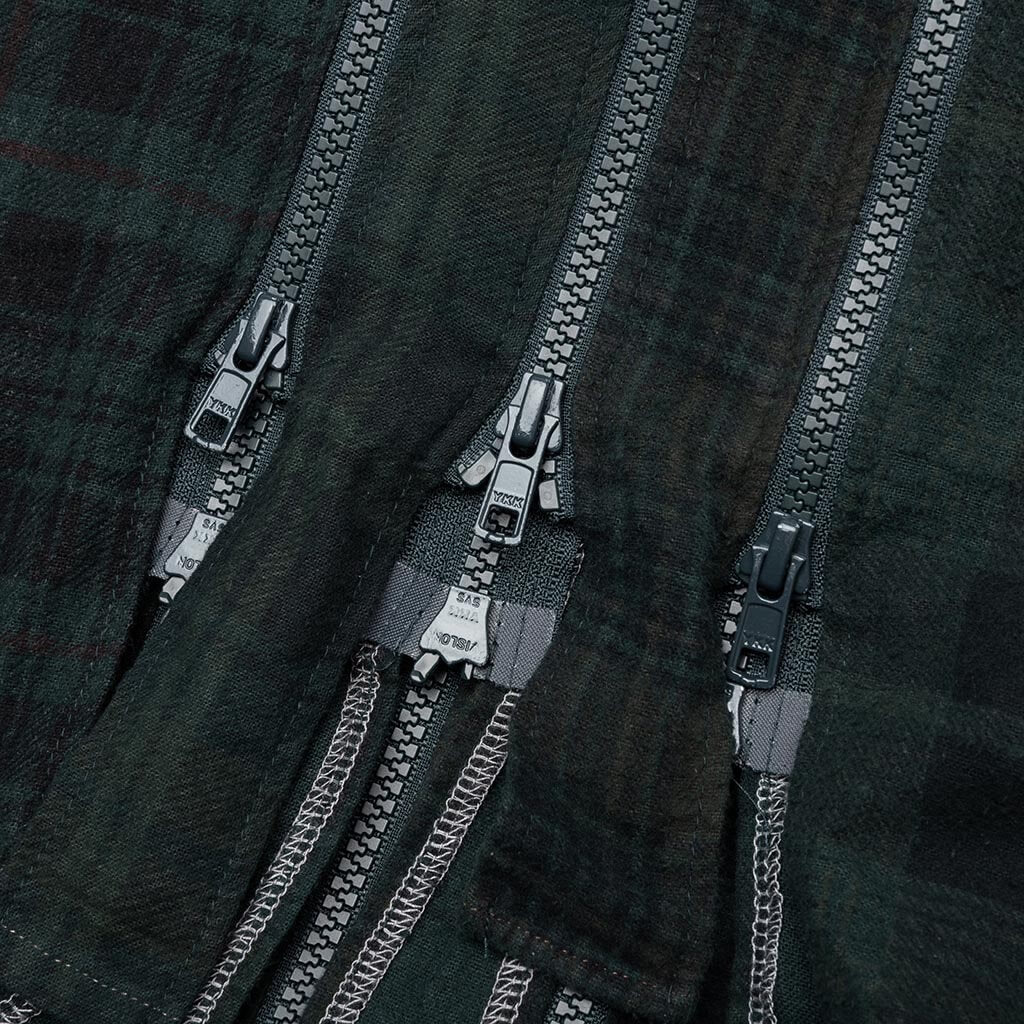 Flannel Shirt 7 Cuts Zipped Wide Shirt Over Dye Green