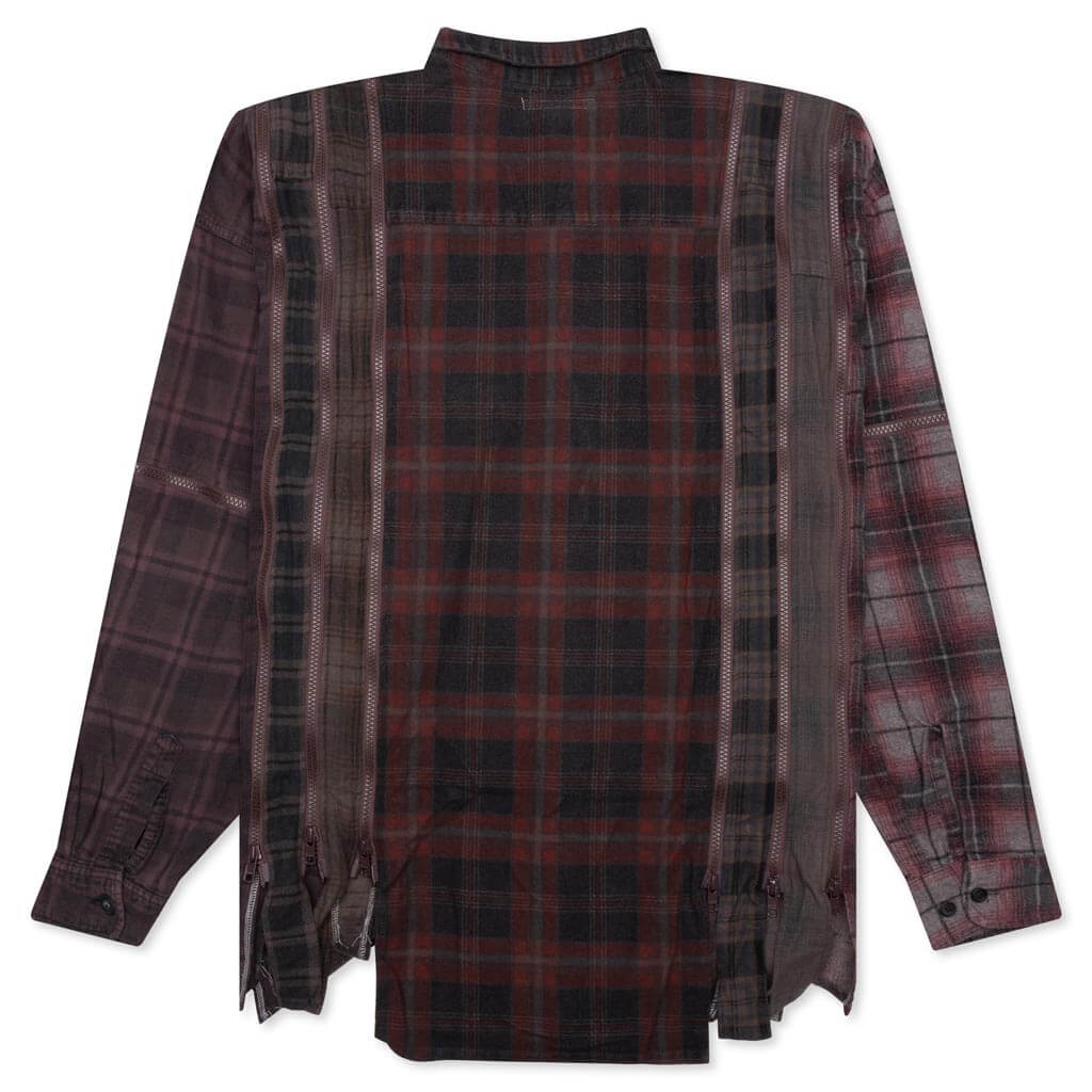 Flannel Shirt 7 Cuts Zipped Wide Shirt Over Dye Brown