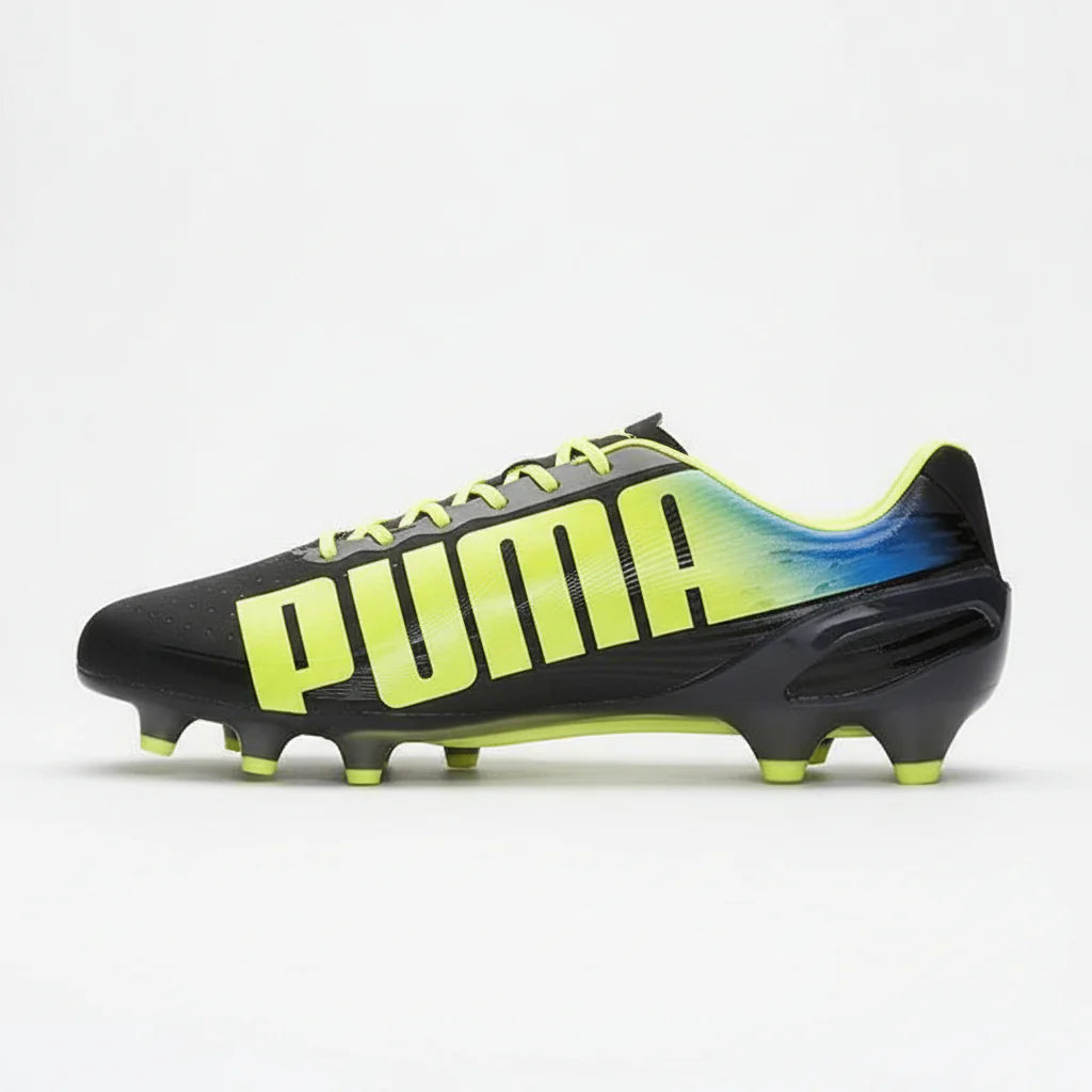 PUMA Evospeed 12 FG Firm Ground Soccer Cleats Black Fluo Yellow Brilliant Blue