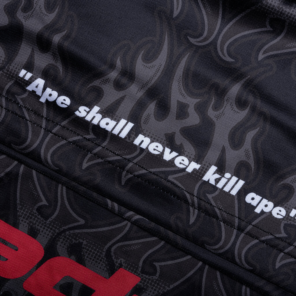 Flame Pattern Overall Print Half Zip Relax Fit Polo Shirt Black