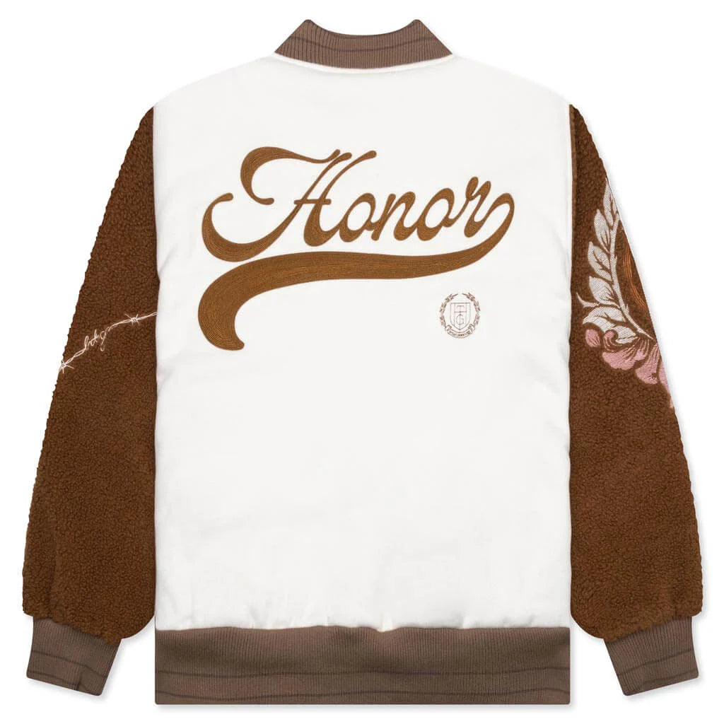 Holiday Honor the Gift Letterman Jacket Bone