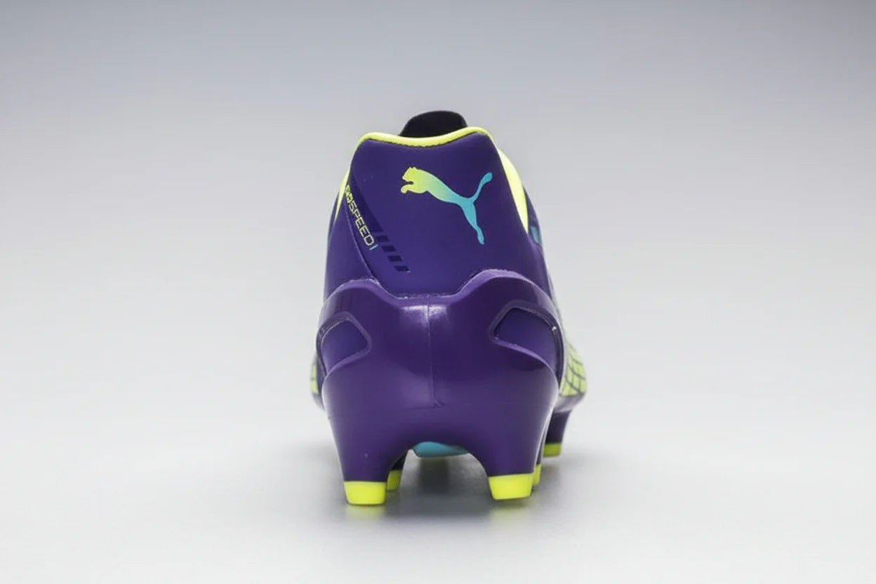 PUMA Evospeed 13 FG Firm Ground Soccer Cleats Prism Violet Fluro Yellow Scuba Blue