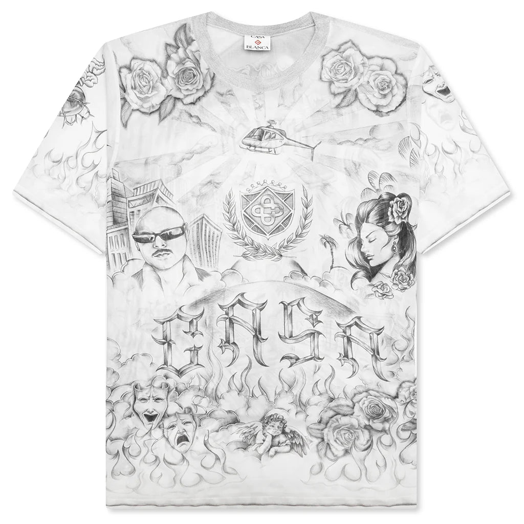 Short Sleeve Printed Crew Neck Mesh Top Tattoo