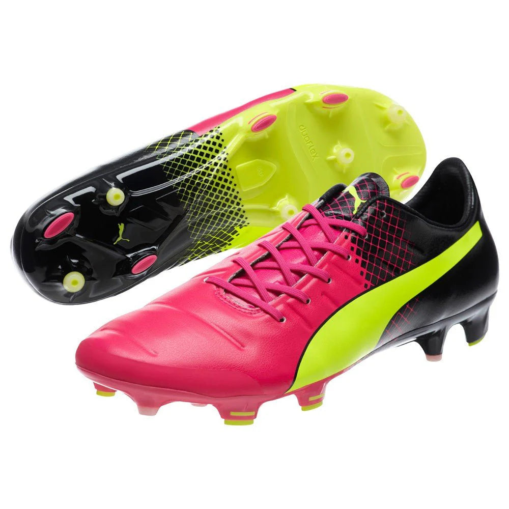PUMA Evopower 13 Tricks FG Firm Ground Soccer Cleats Pink Glo Safety Yellow