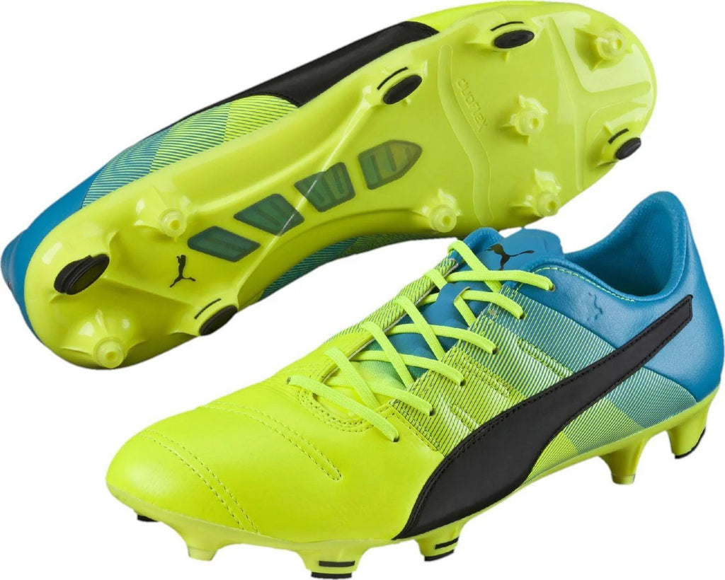 PUMA Evopower 13 LT FG Firm Ground Soccer Cleats Safety Yellow Black Atomic Blue