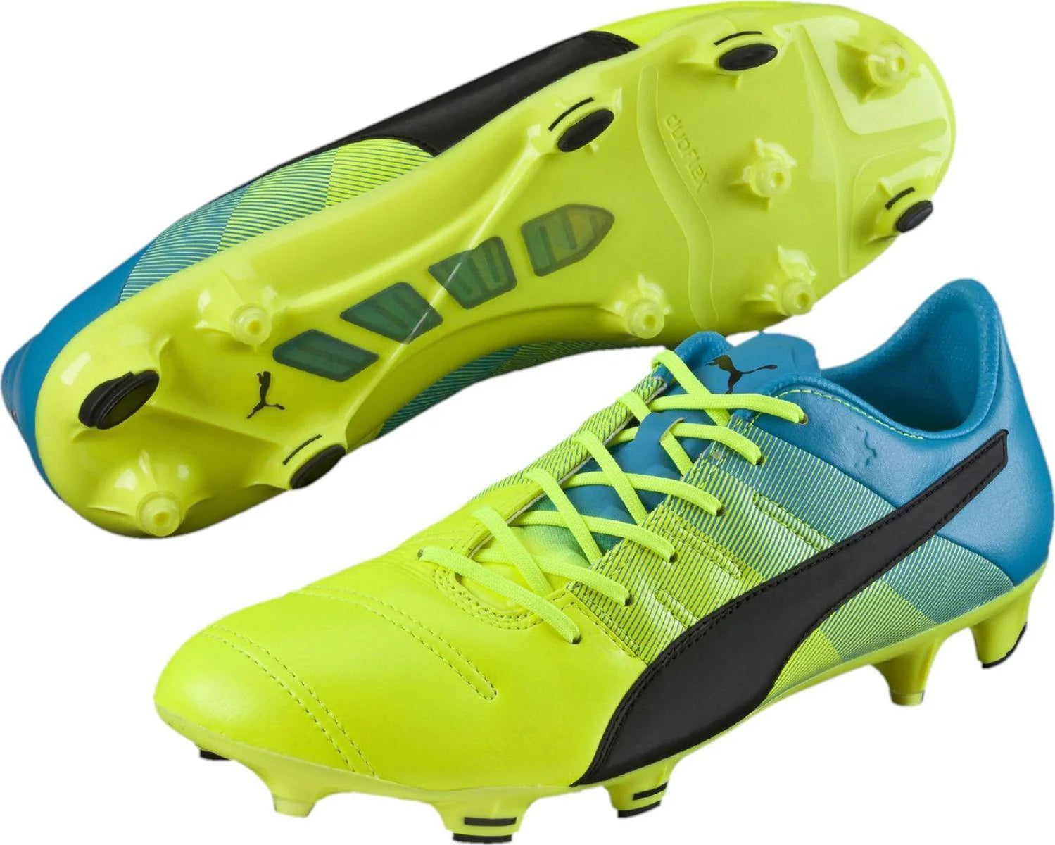 PUMA Evopower 13 LT FG Firm Ground Soccer Cleats Safety Yellow Black Atomic Blue