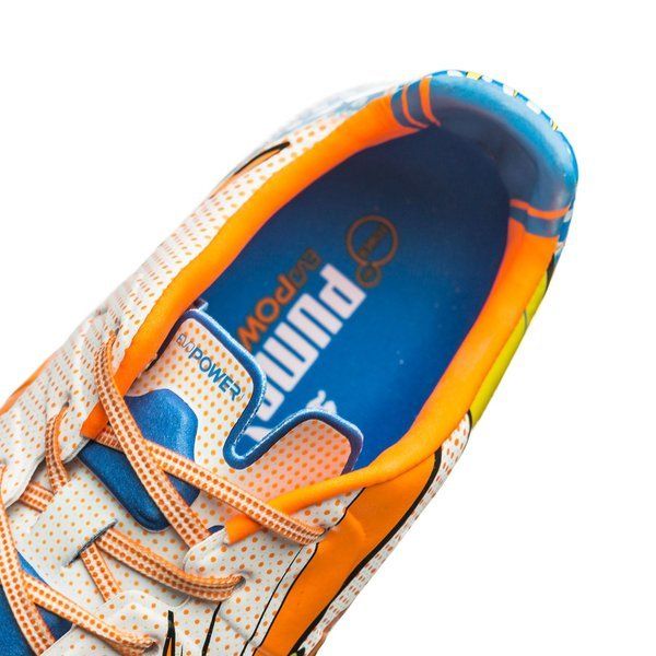 PUMA Evopower 12 FG Firm Ground Soccer Cleats White Orange Clownfish Electric Blue Lemonade