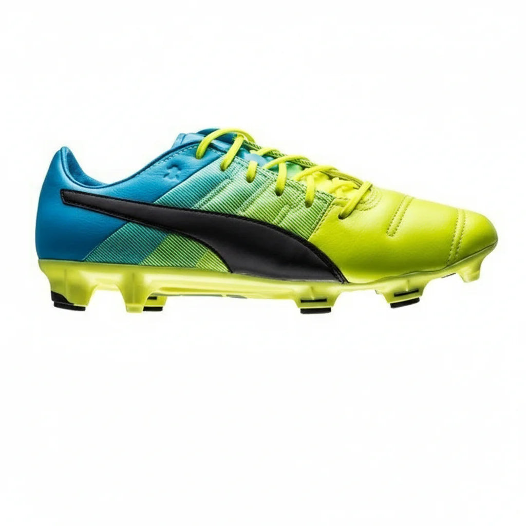 PUMA Evopower 13 LT FG Firm Ground Soccer Cleats Safety Yellow Black Atomic Blue