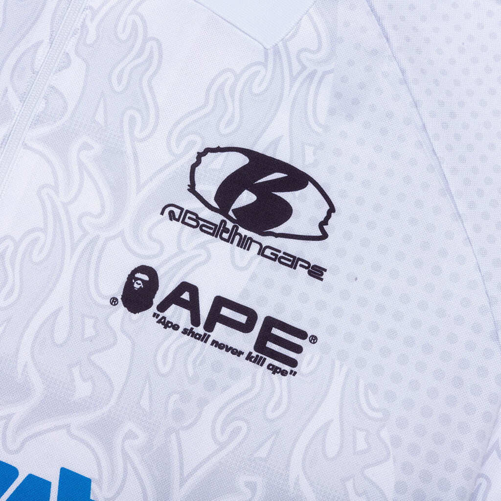 Flame Pattern Overall Print Half Zip Relax Fit Polo Shirt White