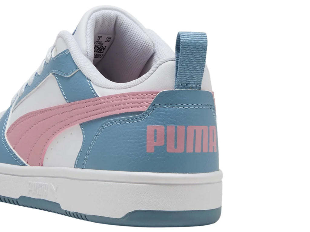 Tenis PUMA Rebound V6 Lo Blanco Rosa y Azul para Niña