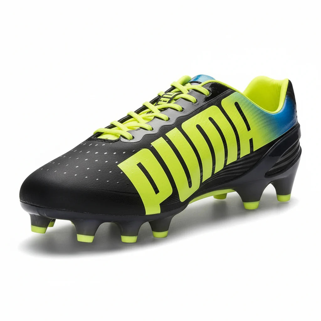 PUMA Evospeed 12 FG Firm Ground Soccer Cleats Black Fluo Yellow Brilliant Blue