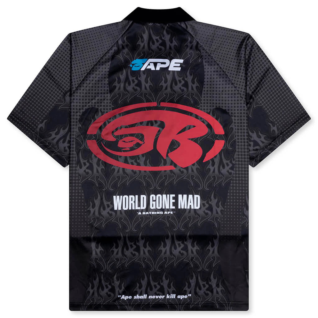 Flame Pattern Overall Print Half Zip Relax Fit Polo Shirt Black