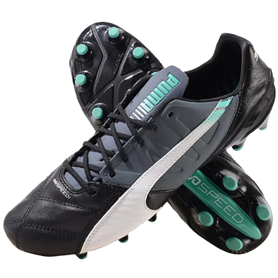 PUMA evoSPEED 13 Leather FG Firm Ground Soccer Cleats Black White Pool Green