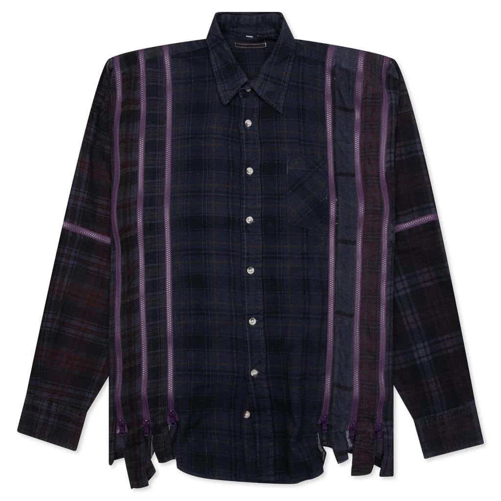 Flannel Shirt 7 Cuts Zipped Wide Shirt Over Dye Purple