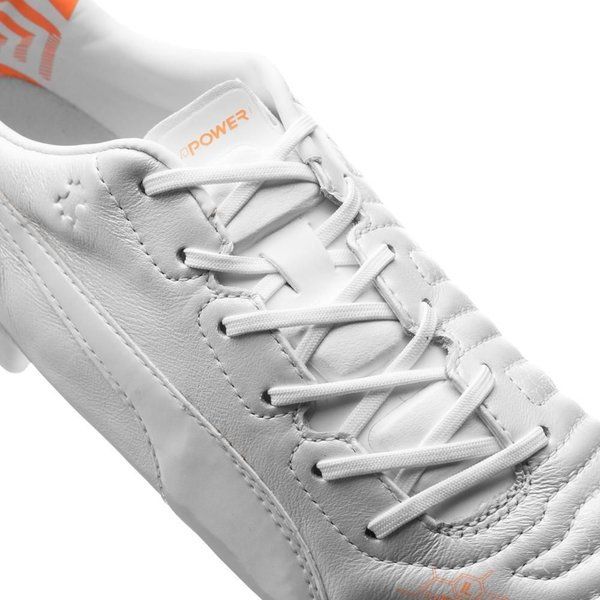 PUMA Evopower 12 Leather FG Firm Ground Soccer Cleats White Metallic White Fluo Orange