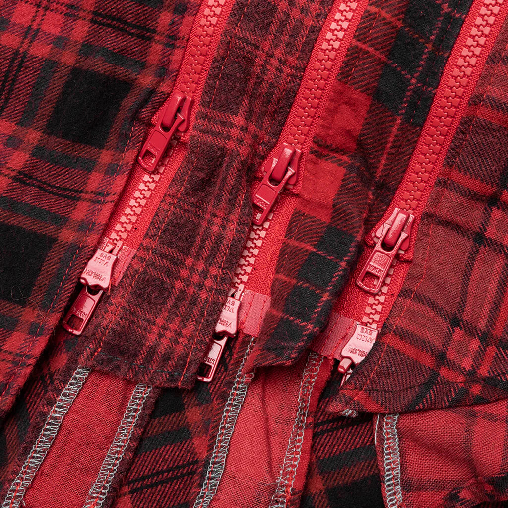 Flannel Shirt 7 Cuts Zipped Wide Shirt Over Dye Red