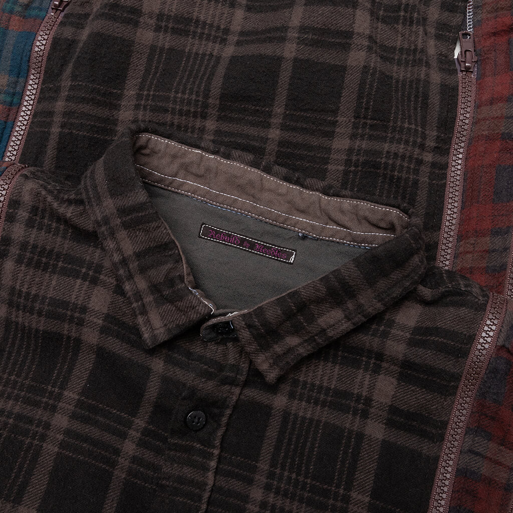 Flannel Shirt 7 Cuts Zipped Wide Shirt Over Dye Brown