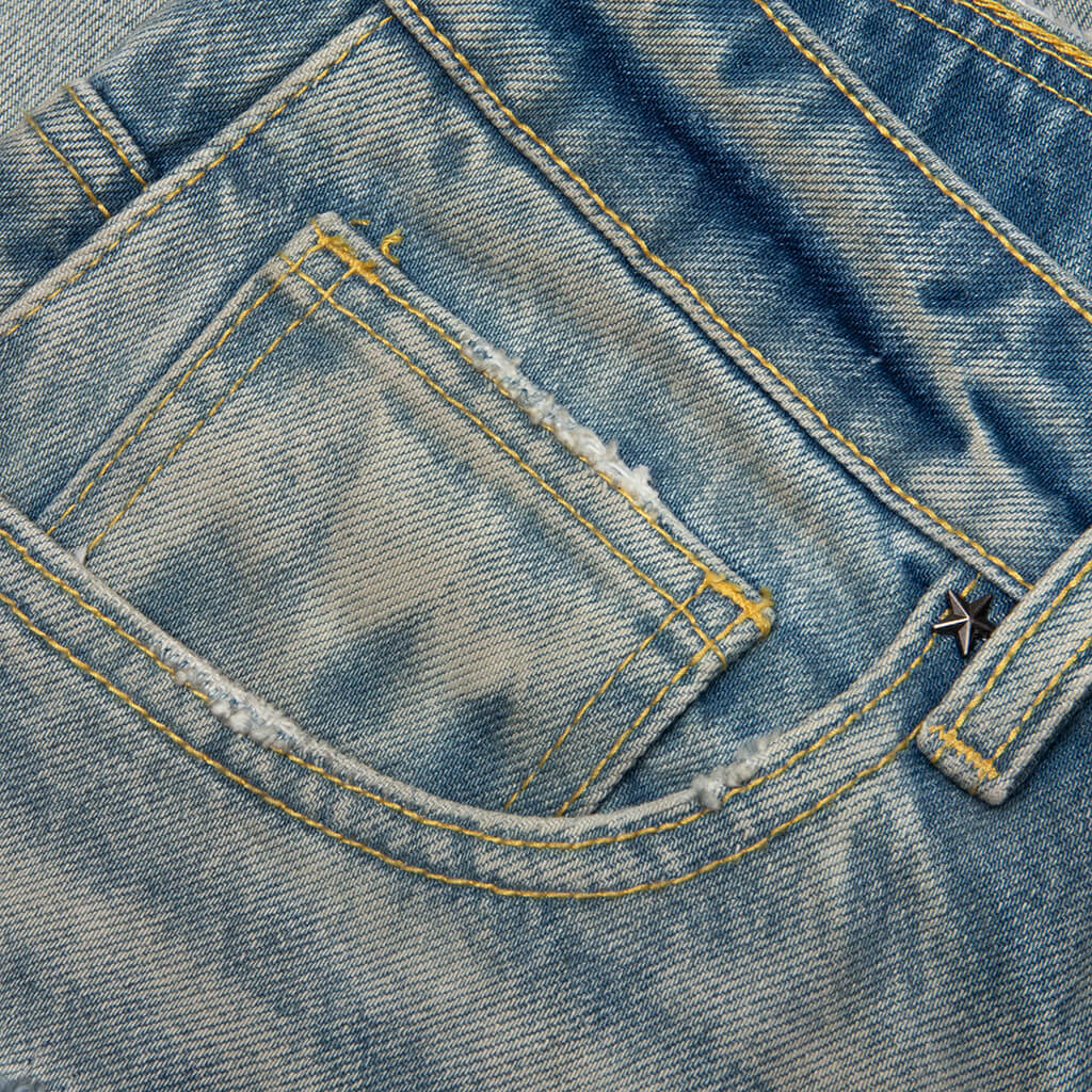 Distressed Stencil Denim Washed Indigo