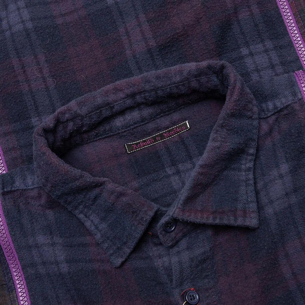 Flannel Shirt 7 Cuts Zipped Wide Shirt Over Dye Purple