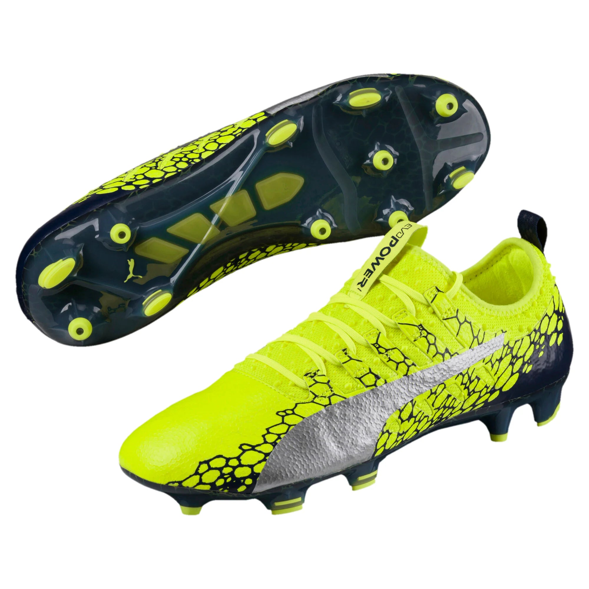 PUMA Evopower Vigor 1 Graphic FG Firm Ground Soccer Cleats Safety Yellow Silver