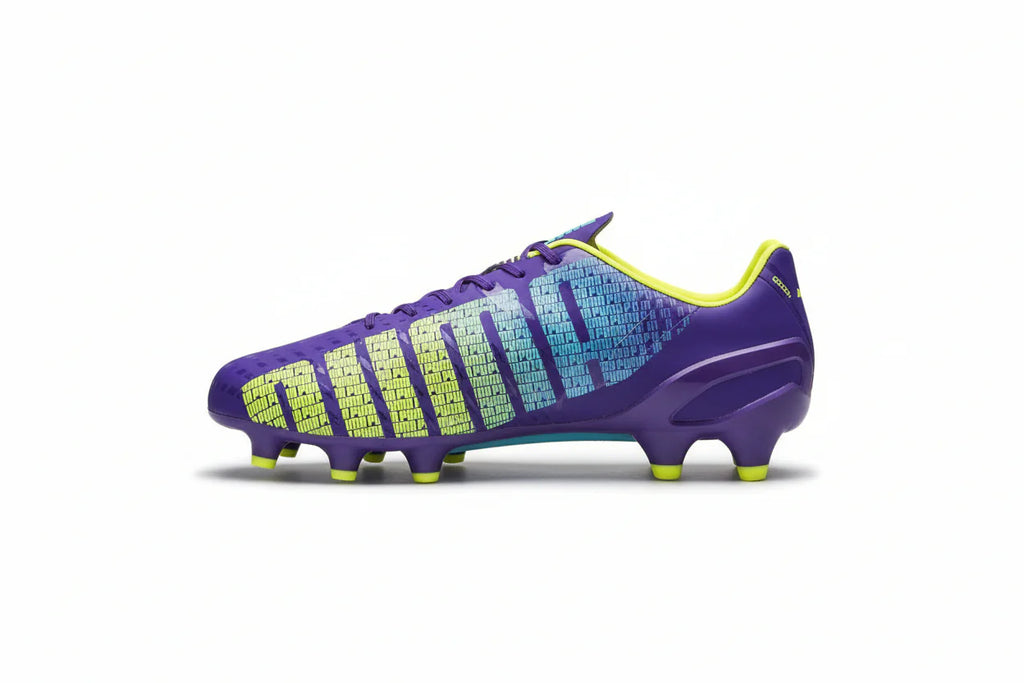 PUMA Evospeed 13 FG Firm Ground Soccer Cleats Prism Violet Fluro Yellow Scuba Blue