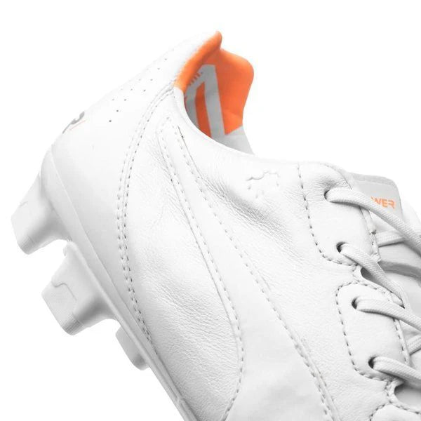 PUMA Evopower 12 Leather FG Firm Ground Soccer Cleats White Metallic White Fluo Orange