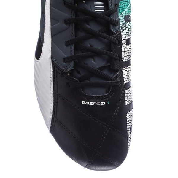 PUMA evoSPEED 13 Leather FG Firm Ground Soccer Cleats Black White Pool Green