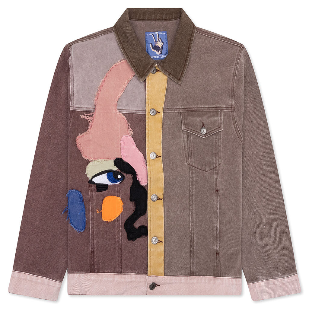 Patchwork Face Colorblocked Twill Jacket Brown Multi