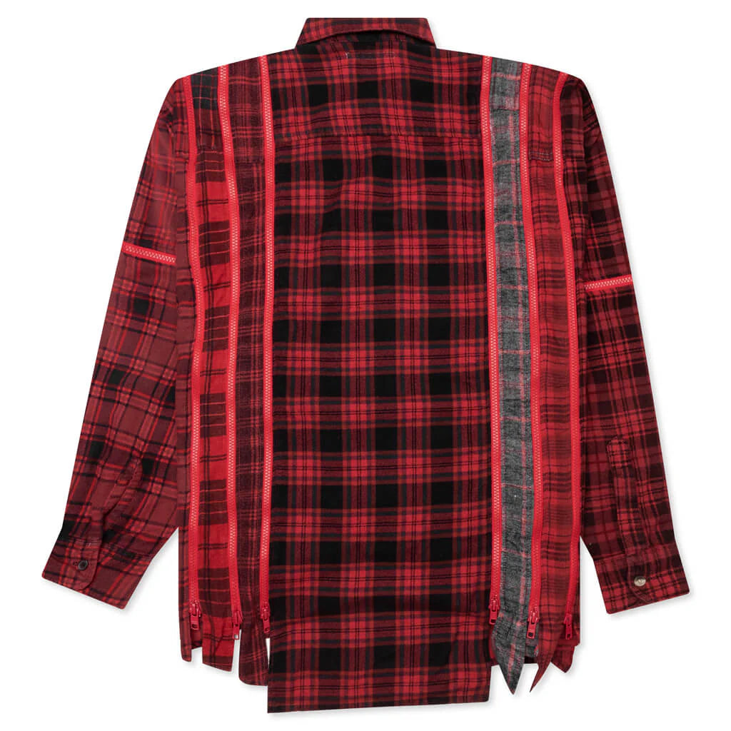 Flannel Shirt 7 Cuts Zipped Wide Shirt Over Dye Red