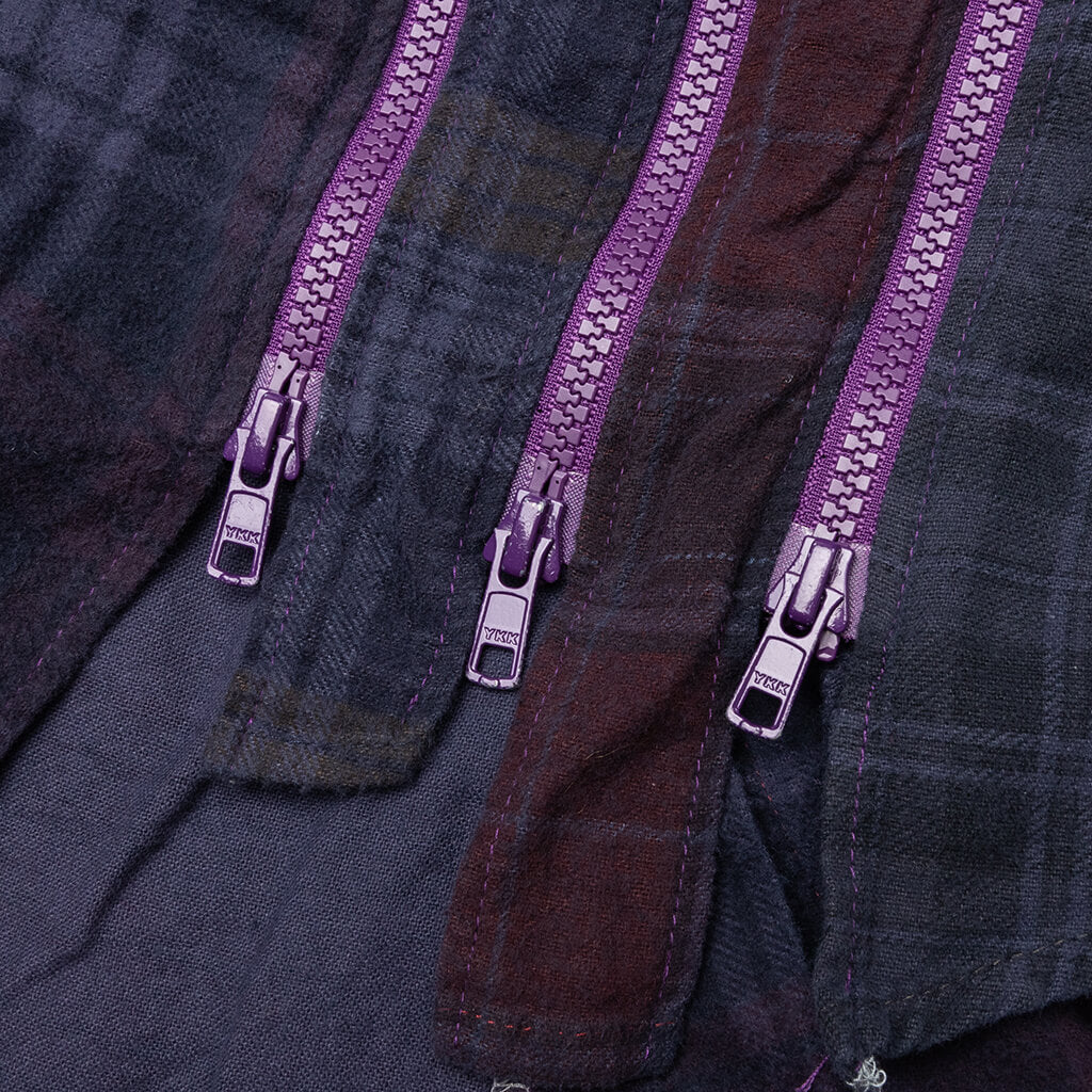 Flannel Shirt 7 Cuts Zipped Wide Shirt Over Dye Purple