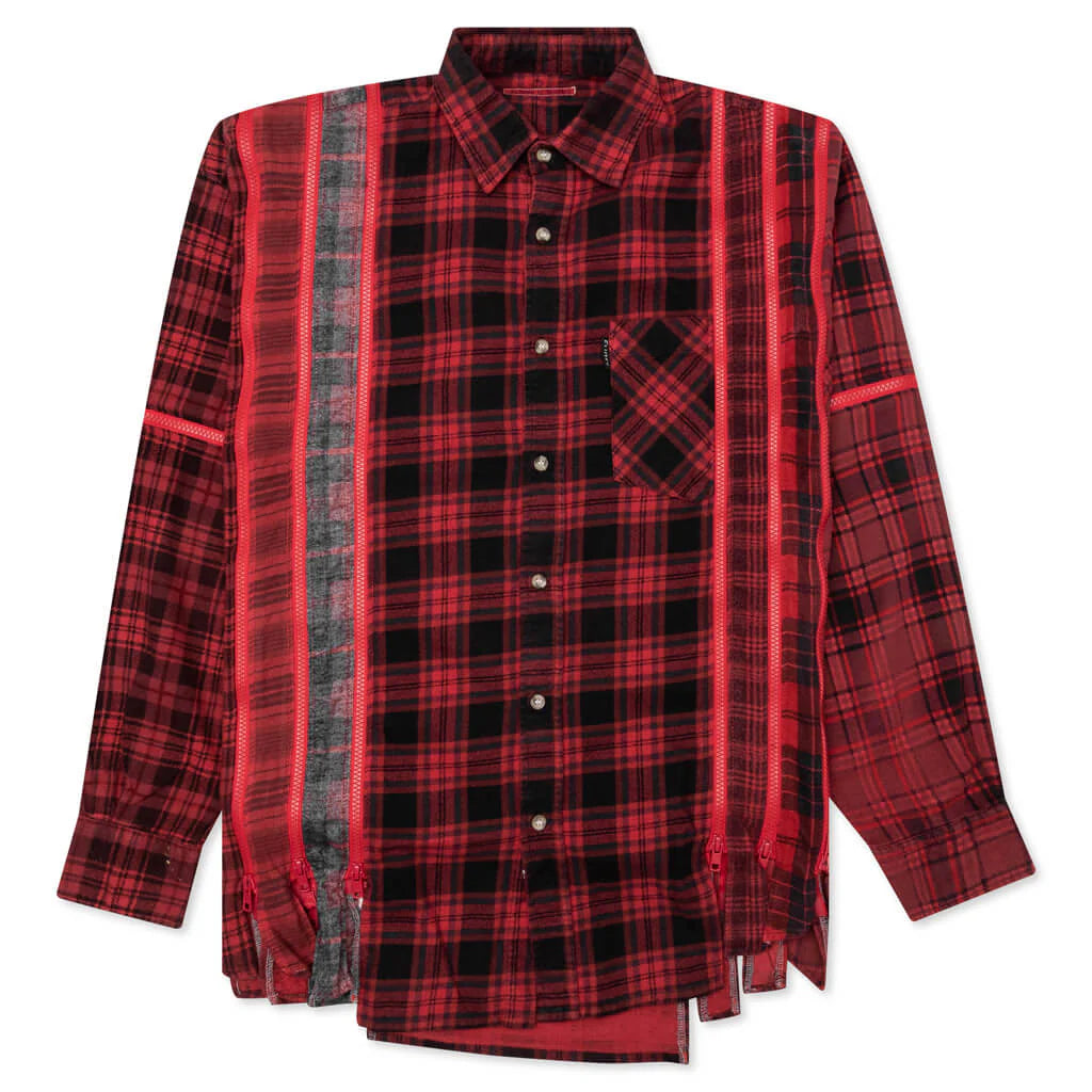 Flannel Shirt 7 Cuts Zipped Wide Shirt Over Dye Red