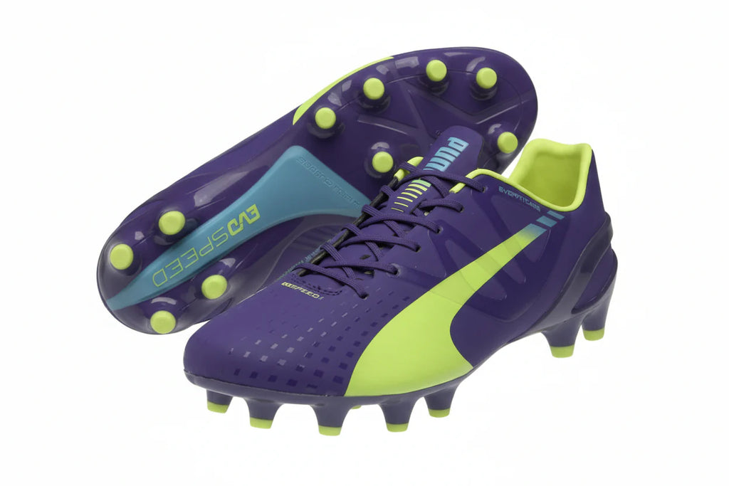 PUMA Evospeed 13 FG Firm Ground Soccer Cleats Prism Violet Fluro Yellow Scuba Blue