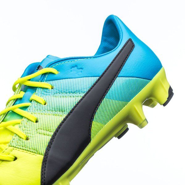 PUMA Evopower 13 LT FG Firm Ground Soccer Cleats Safety Yellow Black Atomic Blue