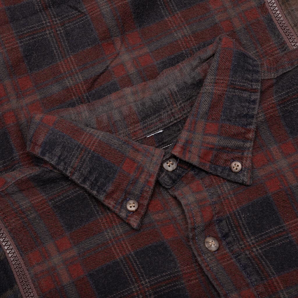 Flannel Shirt 7 Cuts Zipped Wide Shirt Over Dye Brown