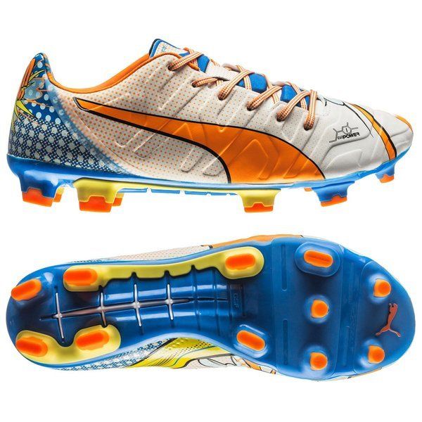 PUMA Evopower 12 FG Firm Ground Soccer Cleats White Orange Clownfish Electric Blue Lemonade